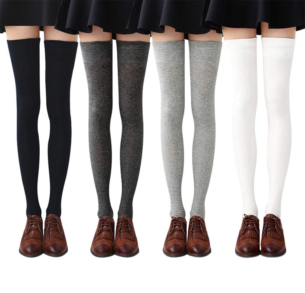 Chalier 3 Pares Calcetines Largos Altos Rayas para Mujeres Hasta Rodilla Adorable y Elegante (Gris/negro/blanco/gris oscuro)