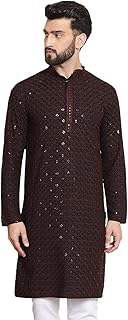 (Since 1958 Men'S Cotton Contrast Embroidered Sequinned Long Kurta