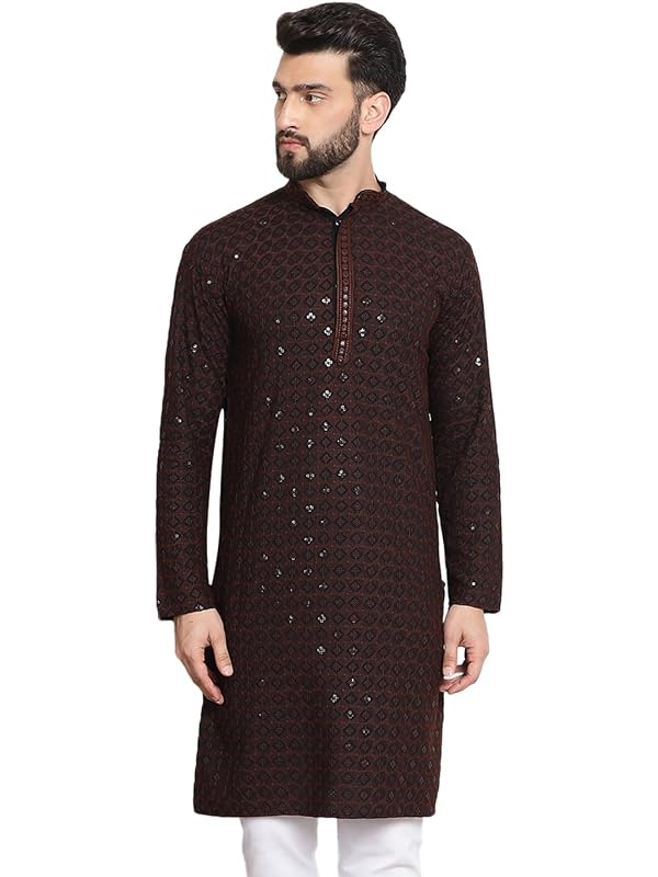 Sojanya (Since 1958 Men'S Cotton Contrast Embroidered Sequinned Coffee Brown Long Kurta by Sojanya - Used condition - US$33.49