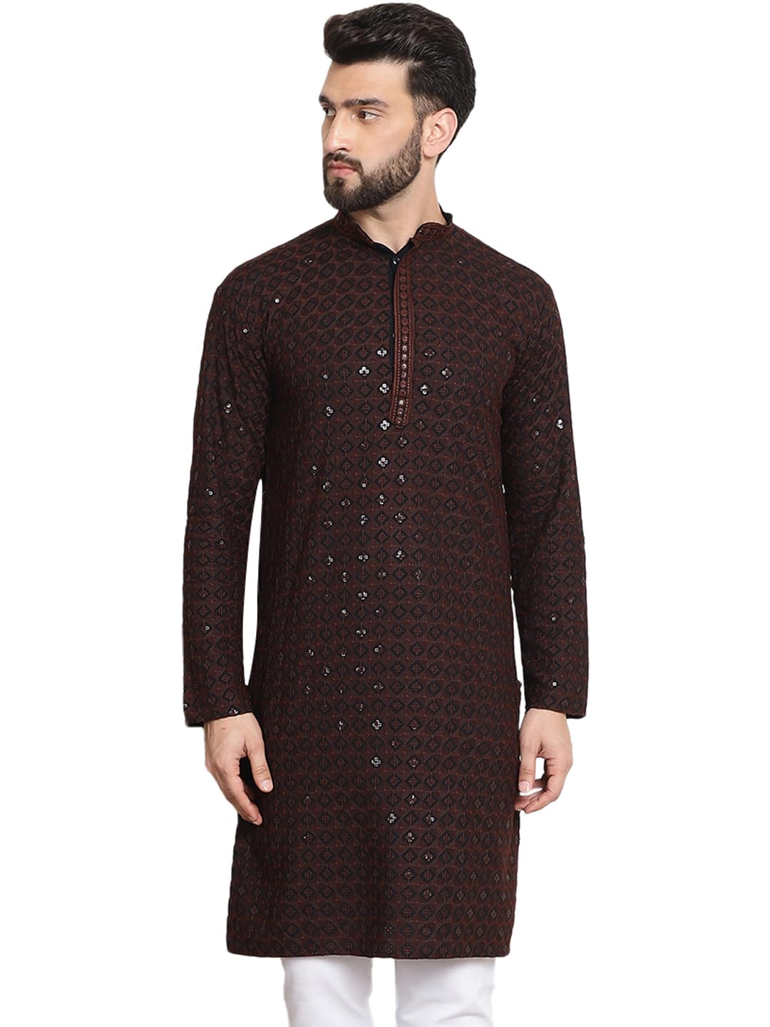 Sojanya (Since 1958 Men's Cotton Contrast Embroidered Sequinned Coffee Brown Long Kurta