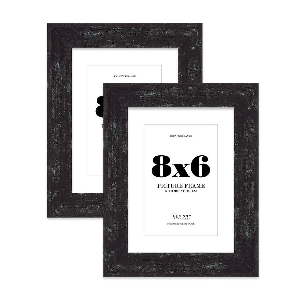 8x6" Distressed Black Picture Frame with 6x4" Mount - Reclaimed Wood Style Photo Frame with Distressed Finish, Wall Hooks and Kickstand, 32mm Edge - 2 Pack
