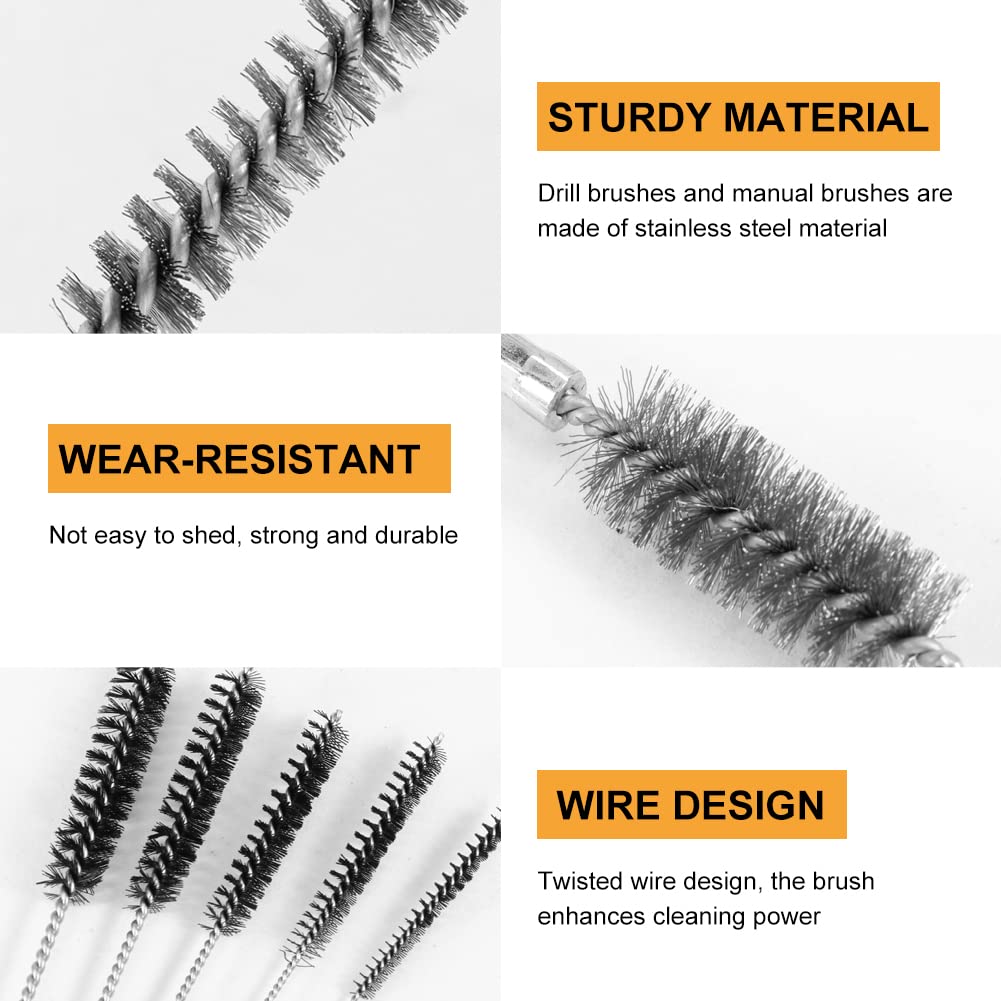 6 Pieces Stainless Steel Bore Brush and 5 Pieces Manual Brush, Wire Brush for Drill, Small Wire Brush for Cleaning Rust, Auto, Corrosion, Tubes Holes, Different Sizes(as Shown)