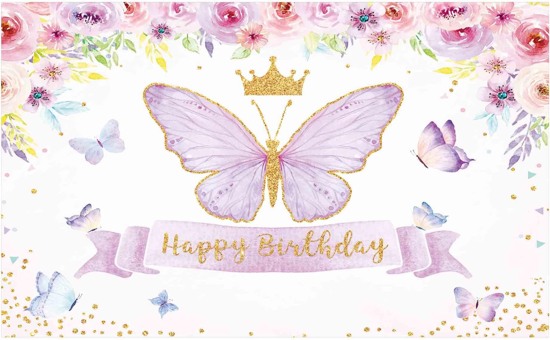 Funnytree Happy Birthday Butterfly Party Backdrop Purple Baby Girls Princess Pink Rose Floral Gold Photography Background Kids Sweet Cake Table Banner Decor Supplies