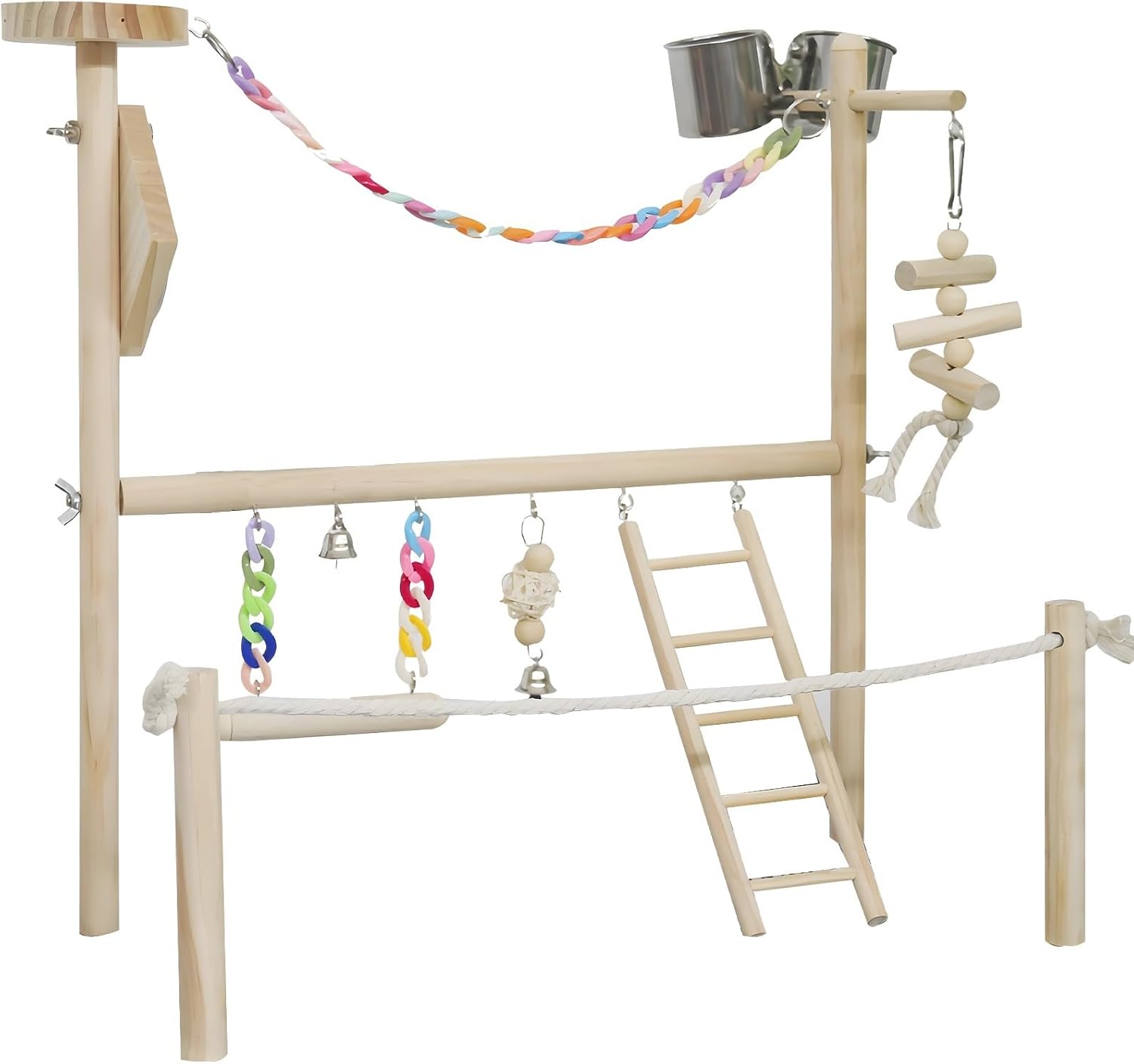 Generic Bird Play Stand with Ladder, Bells, and Swing, Wooden Interactive Playground for Parrots, Cockatoos, and Macaws, Feeding Cups Included