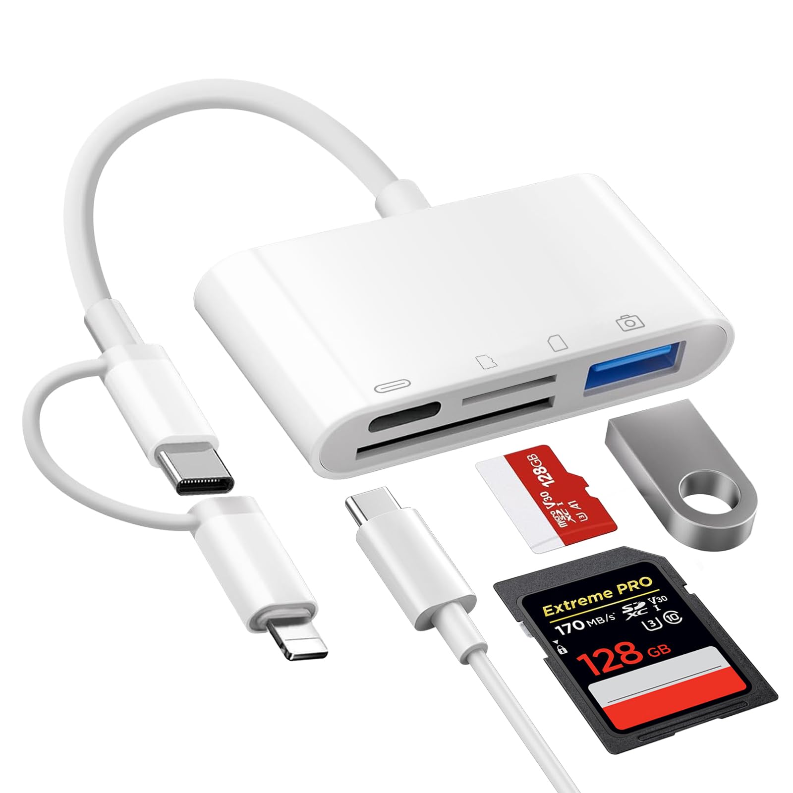 Dual Lightning & USB-C Kartenleser, 4-in-2 SD/TF Kartenadapter iPhone mit Aufladung und USB OTG Port, Kamera Kartenbetrachter für iPhone 17/16/15/14/13/12/11/8/7/X/XS, iPad, Samsung, Android, etc