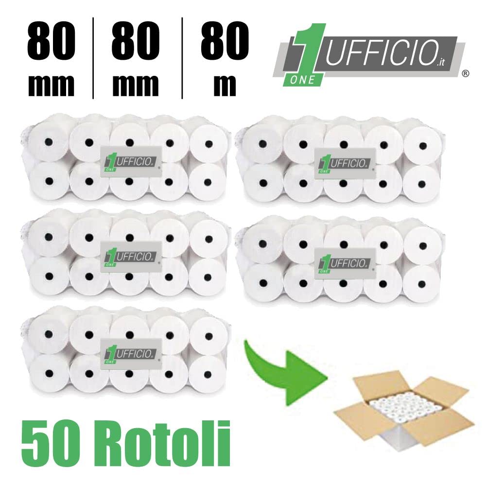Lot de 50 rouleaux de papier thermique homologués 80 mm x 80 m, Diamètre 12 mm – Enregistreur de caisse haute qualité