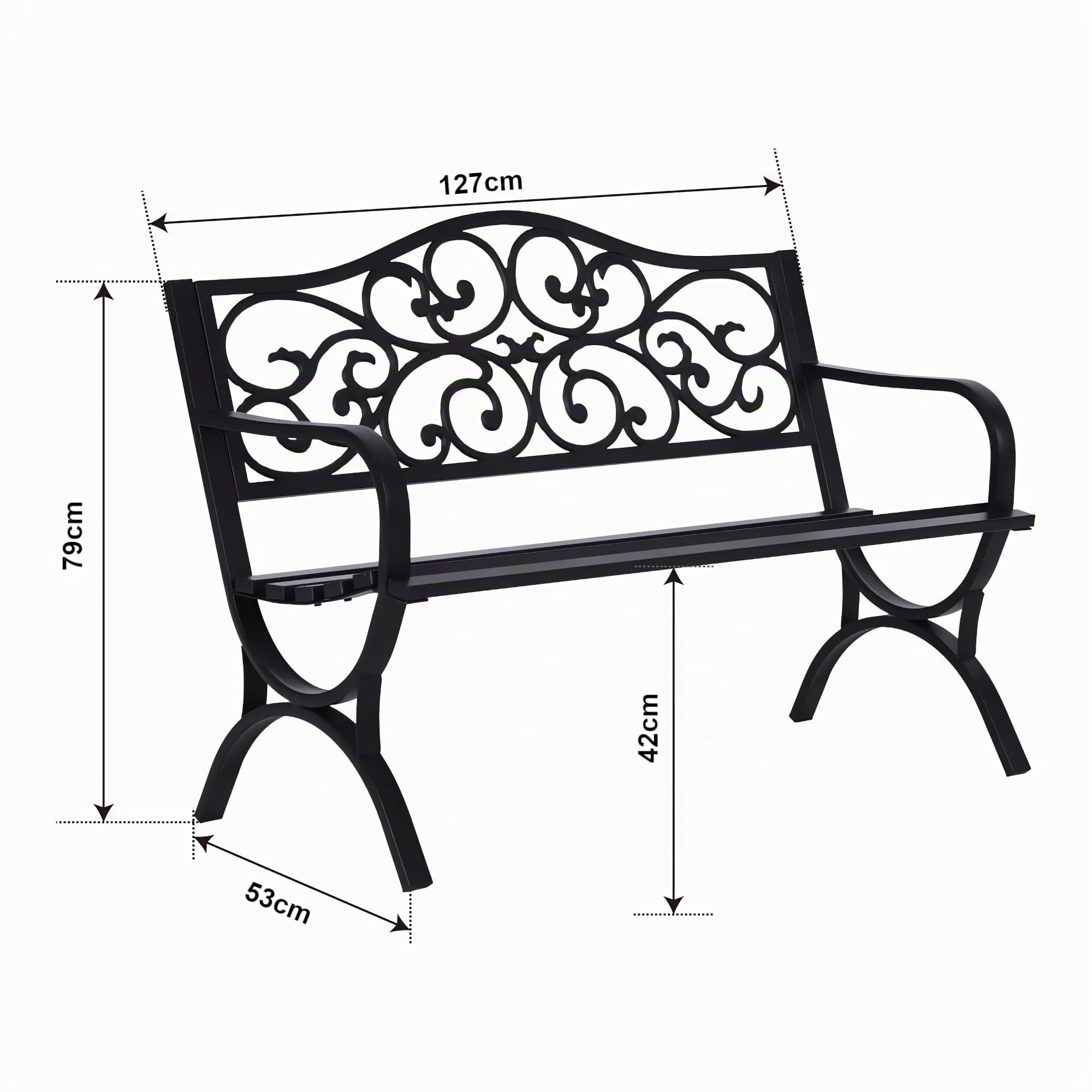 casa.pro Banco de Jardín Exterior Utav Resistente Sofá de 3 Plazas con Respaldo y Reposabrazos Diseño Vintage para Terraza Patio máx. 300 kg Acero 127 x 53 x 79 cm - Gris Oscuro con Pátina Verde
