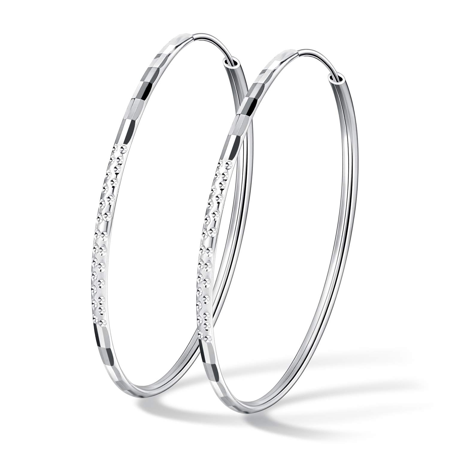 T400925 Sterling Silver Hoop Earrings Small to Large 3mm Thick Diamond Flower Cut Hoops Gift for Women Girls 20 30 40 50 60 mm
