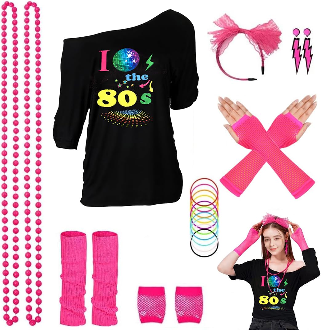 CONNECTION Jaren 80 90 outfit dames themafeest jaren 80 accessoires netshirt neon badkamer knop outfit dames met hoofdband halsketting oorbel handschoenen voor carnaval Halloween neon party (roze