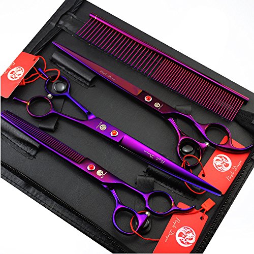 Image of Purple Dragon 8 inch 3 in 1 Professional Pet Grooming Thinning Scissors | 2 PCS Curved Shear Includes Bag, Stainless Steel, Hair Thinning Scissor /Shear Set, Perfect for Hair Stylist or Home Use
