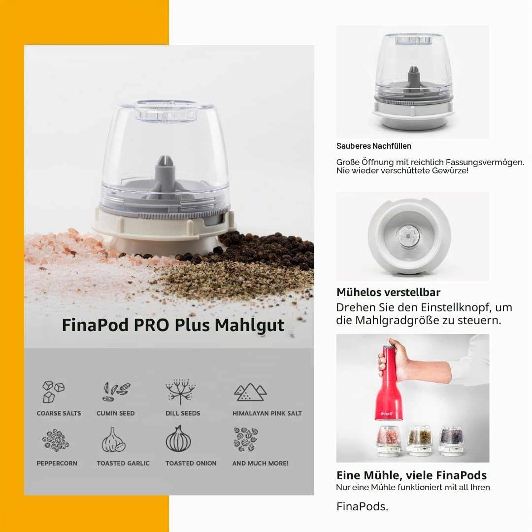 FinaMill USB wiederaufladbare Pfeffermühle & Gewürzmühle | Einstellbare Grobheit, Keramik-Mahlelemente, One-Touch-Bedienung mit LED-Licht | Inklusive 2 Schnellwechsel-PRO Plus Pods |