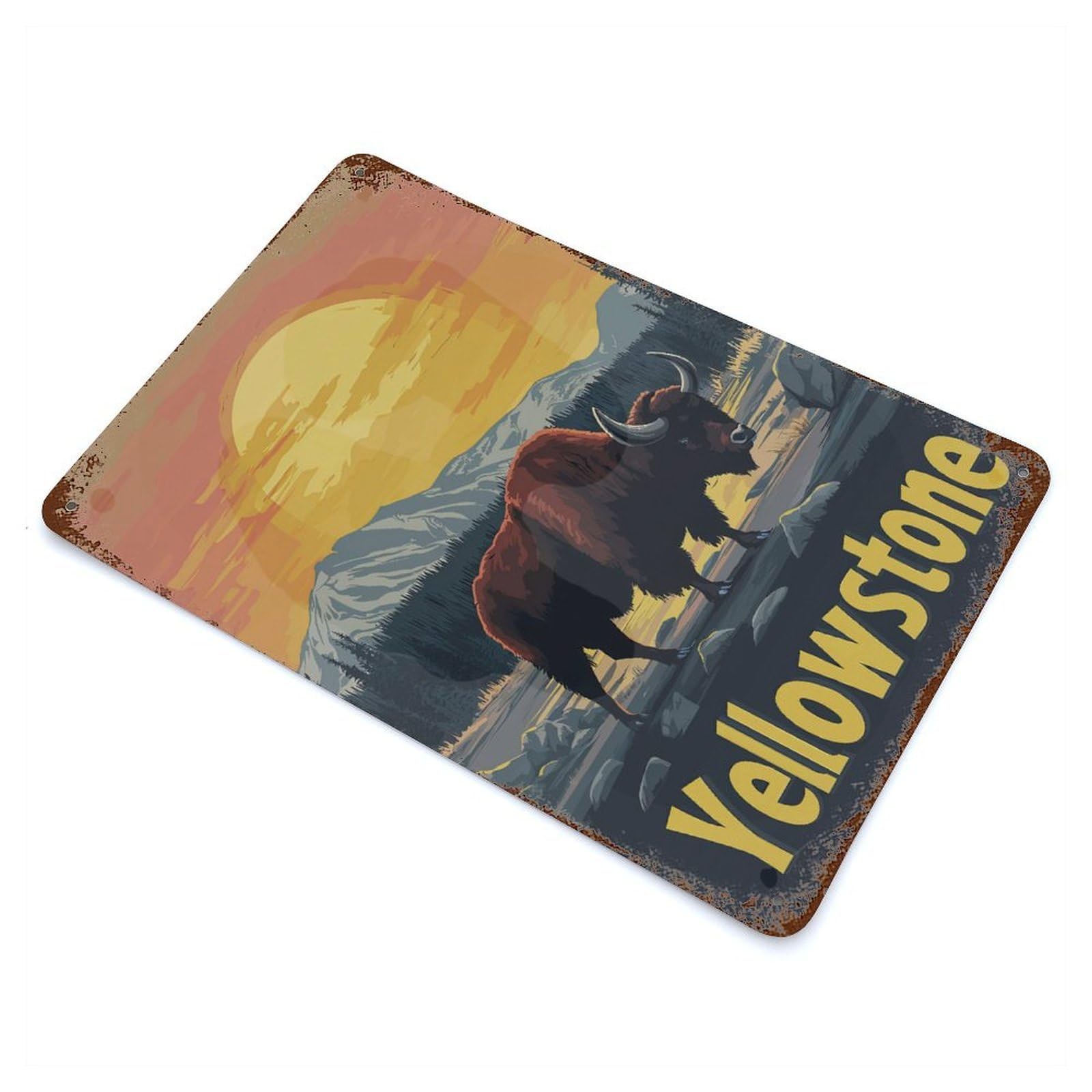 Distressed Metal Wall Sign with Yellowstone Bison Sunset Design 11.8"x7.9", for Farmhouse, Kitchen And Entryway Decor, Old School Wall Decor