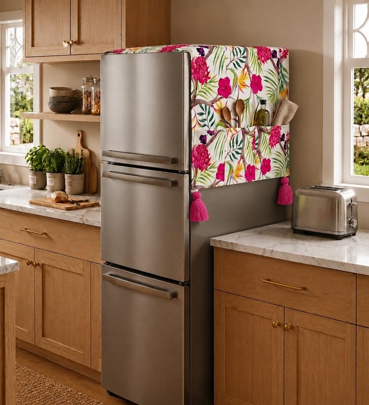 Image of WWW.THROWPILLOW.IN Fridge Top Cover for Triple Door 100-250L | Dustproof Refrigerator Cover | Corner Tassels Without Side Pockets | Floral Print | Triple Door Fridge Cover Top Mat