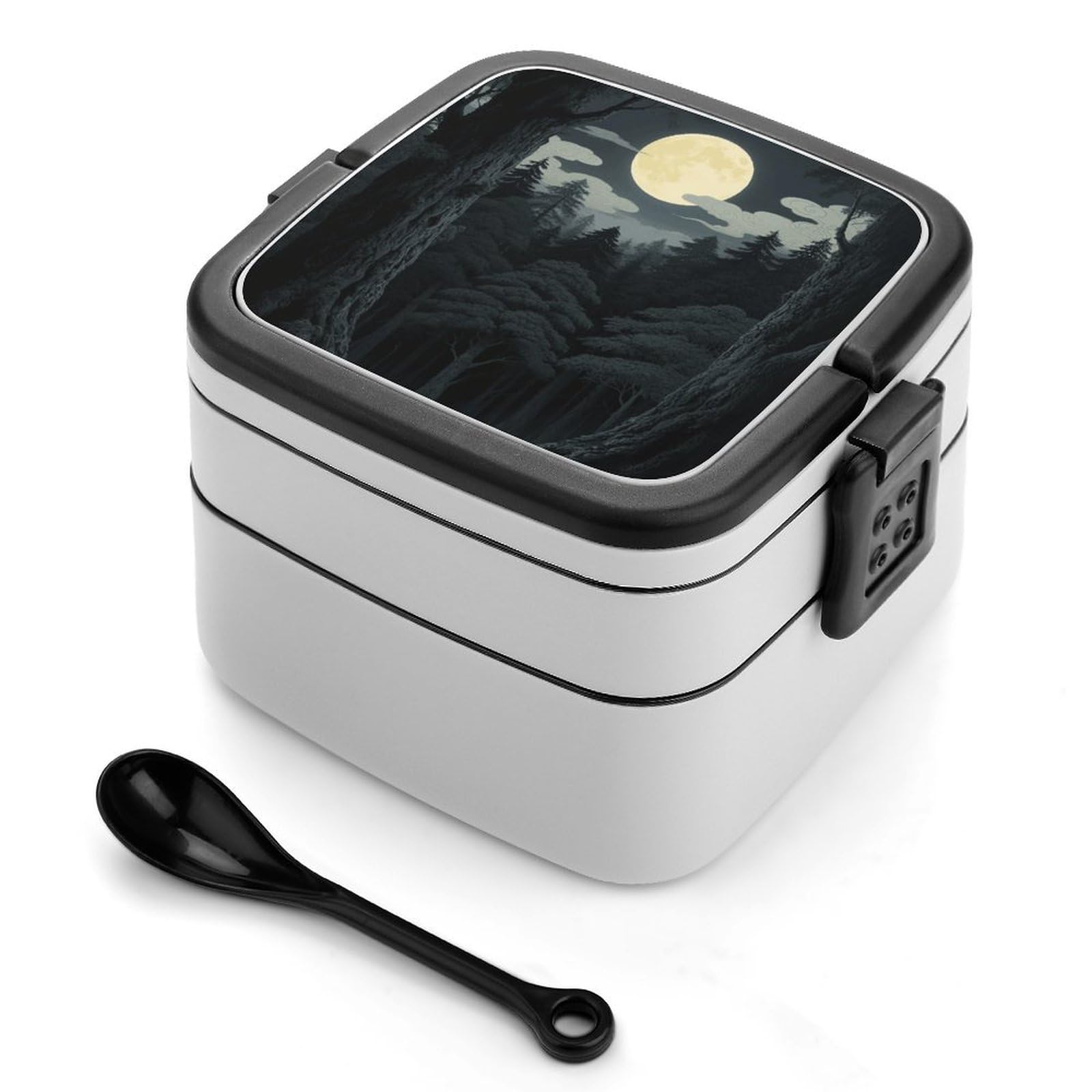 FekiLoot Forest Japanese Moon Bento Box Adult Lunch Box Sealed Bento Lunch Boxes with Spoon Sturdy Double Layer Bento Boxes Snap-on Design Leak Proof Lunch Containers Ideal for Work