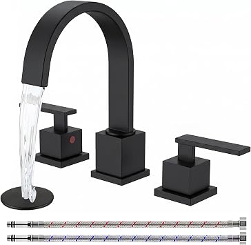 KINGO HOME Matte Black Bathroom Faucet, Black Faucet Bathroom 3 Hole 8inch Widespread Waterfall 2 Handle Black Faucets Bathroom Sink Vanity Faucet with Pop Up Drain and Supply Lines