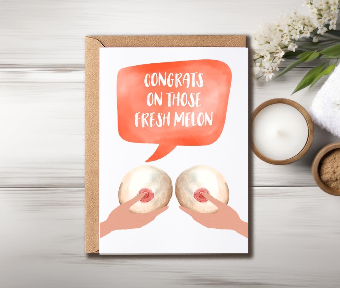Congrats On Those Fresh Melons - Cheeky Breast Greeting Card - Fabulous Boob Job Card, White - Image 3