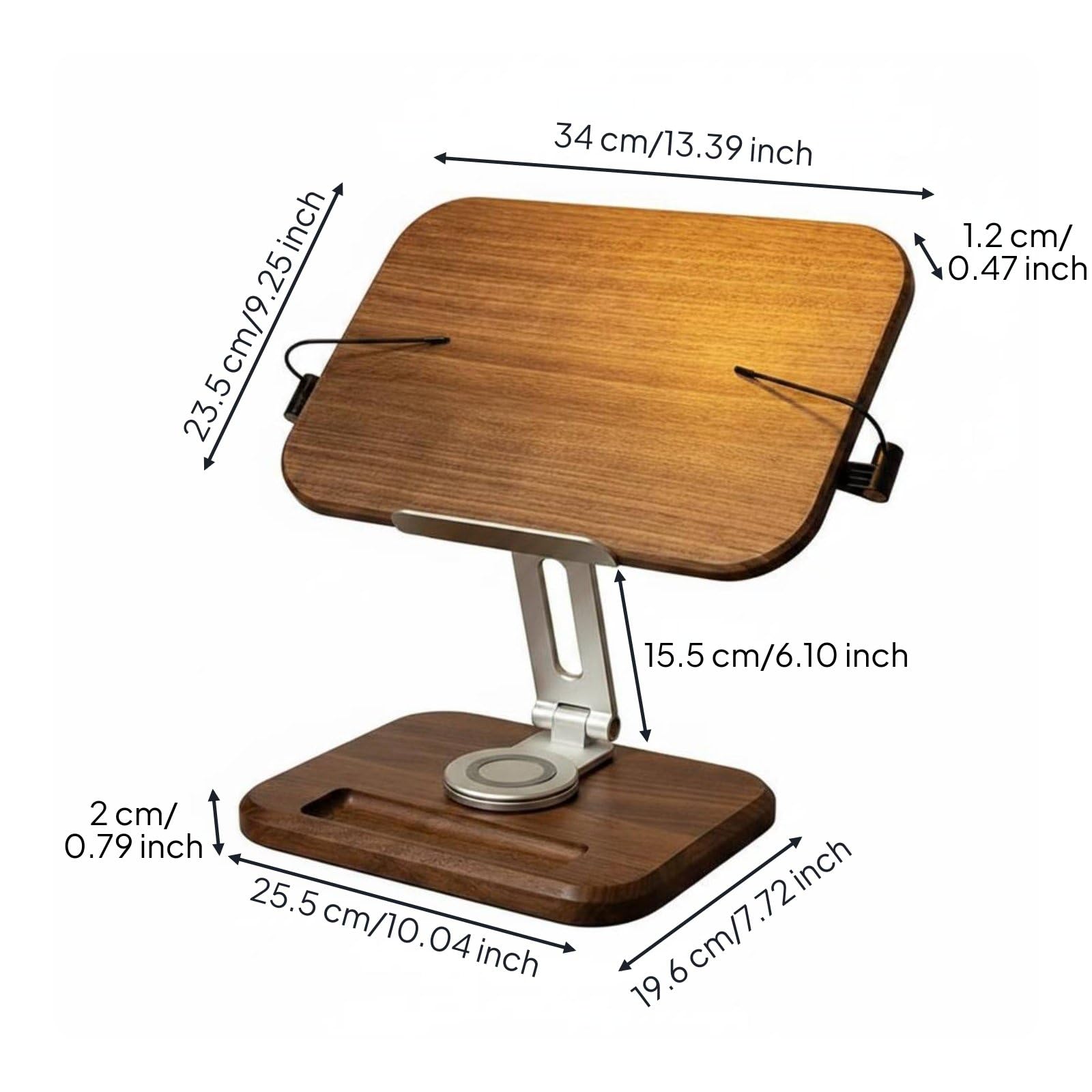 de Lecture Support Livre Lutrin Porte Livre Repose Livre en Noyer Ergonomique avec Bras Réglable en Alliage d'Aluminium et Système Rotatif 360 Pinces