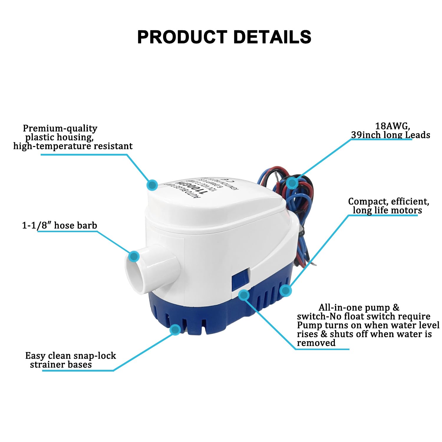 CAMNWAMN 1-1/8 Inch Dia Outlet Bilge Pump, Automatic Submersible Bilge Water Pump for Boats, 12v 1100GPH Built-in Auto Float Switch