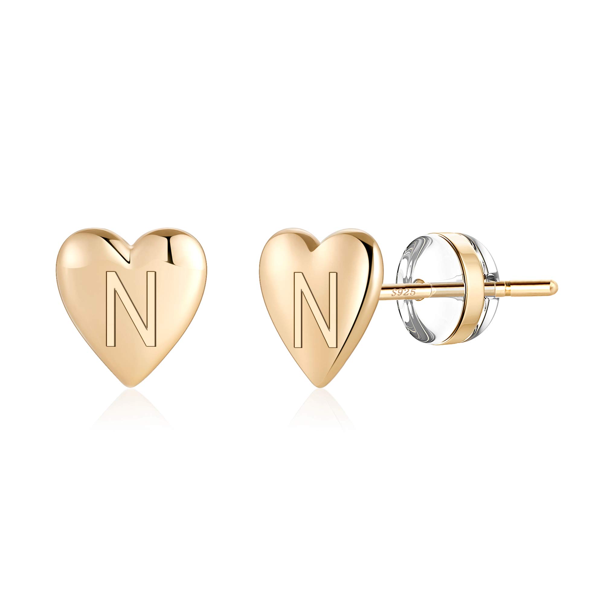 Turandoss Heart Initial Stud Earrings for Girls Valentines Day Gifts - S925 Sterling Silver Post 14K Gold Plated Dainty Letter Earring Hypoallergenic