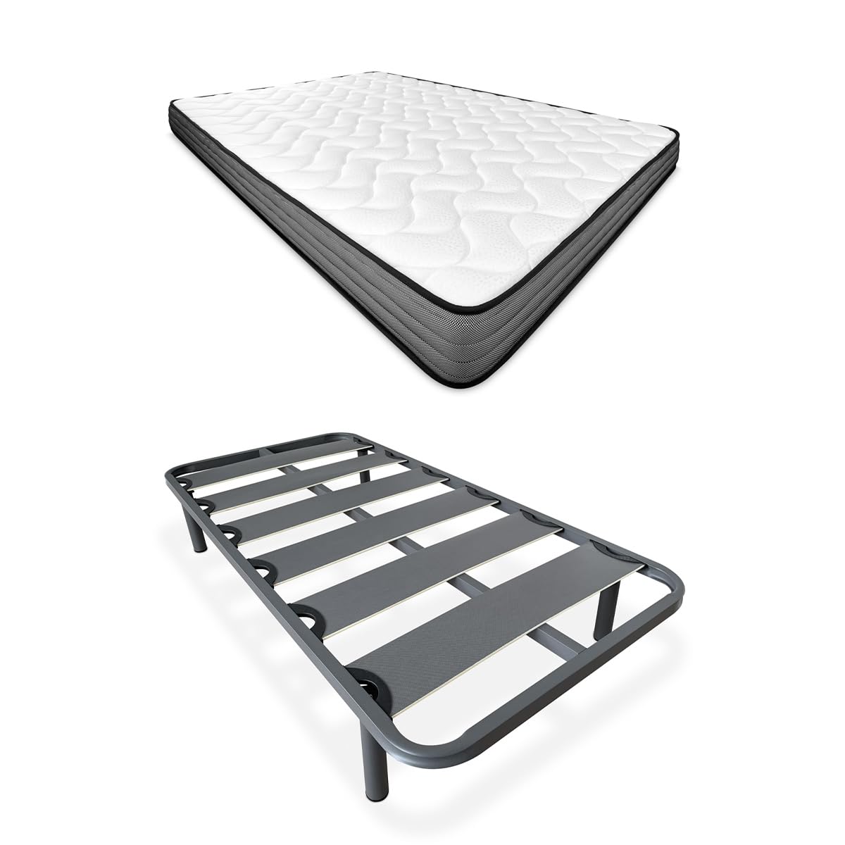 Homey - Cama Completa con Colchón Andrea Reversible (Cara Invierno/Verano) + Somier Reforzado 40x30mm con 4 Patas Metálicas Roscadas, 90 x 190