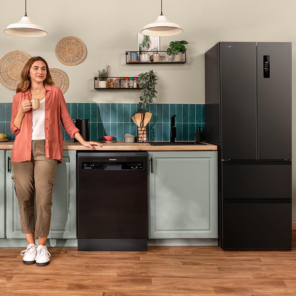 Cecotec Refrigerateur Congelateur 4 Portes Française Bolero CoolMarket Combi F2D 400 Dark E. Réfrigérateur 400L, inox foncé, NoFrost, MultiAirFlow, Inverter, mode ECO, bacs fruits et alarmes
