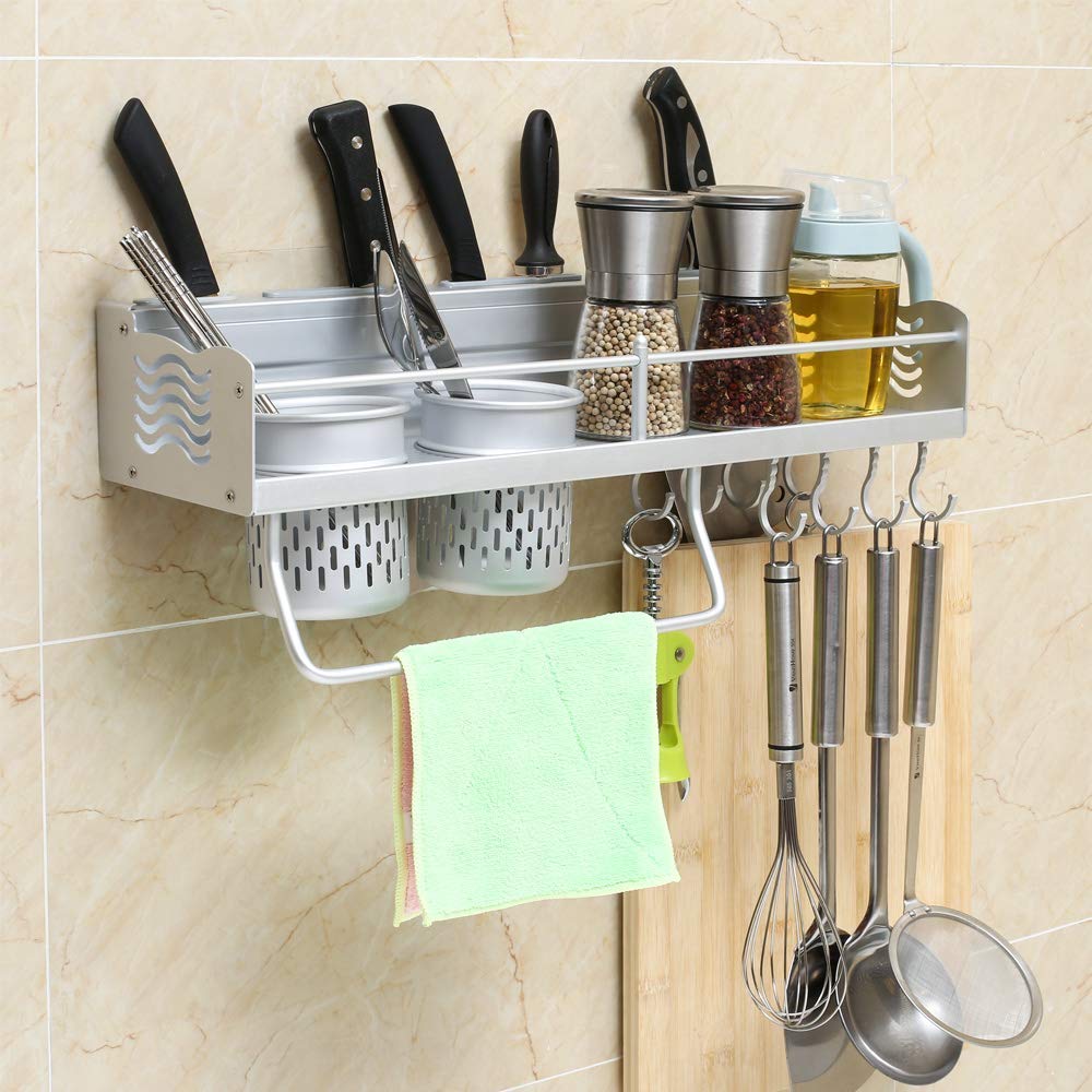 Ohne Bohren Küchenregal Messerschlitze mit 2 Becherhalter, Raum Aluminium Wand-Küche Lagerung Gewürzregale mit 8 Haken