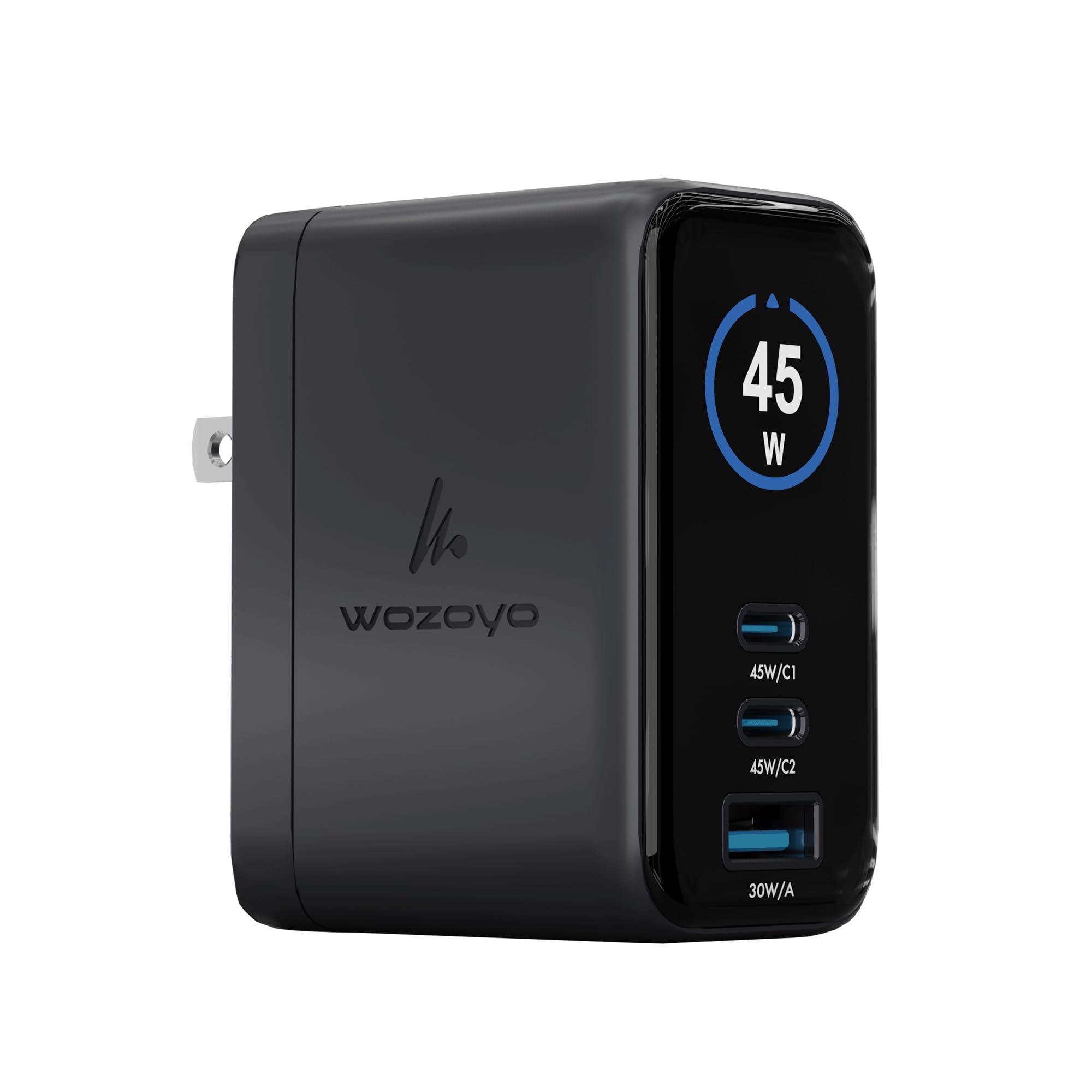 Wozoyo 45W Smart LED Wozoyo GaN Charger, 2XType-C & USB-A Superfast 2.0 Charging, Compatible For iPhone 17/16/16 Pro Max/15 Series/iPad Pro, Smartphones, Tablets And More, PD/PPS/QC 3.0,Compact Foldable Plug