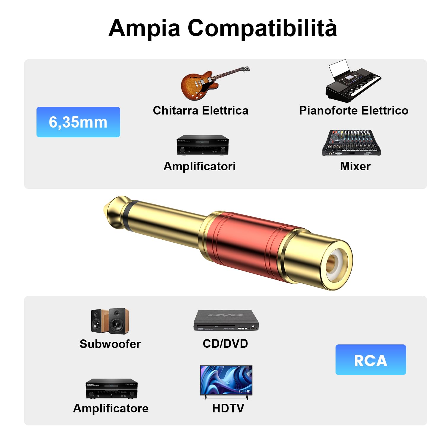 Adattatore Audio RCA a Jack 6,35mm 2 Pezzi - 6,3mm 1/4'' TS Maschio a RCA Femmina (Mono, 24K Dorati, Rosso)