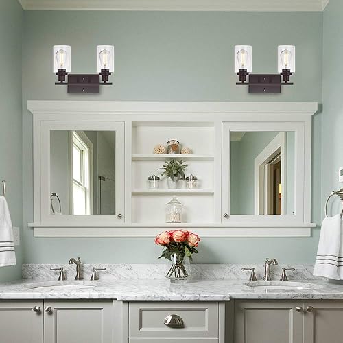Miniatura 3 de MELUCEE Iluminación industrial de baño de 2 luces, bronce aceitado con pantalla de vidrio transparente, accesorios de iluminación para porche,