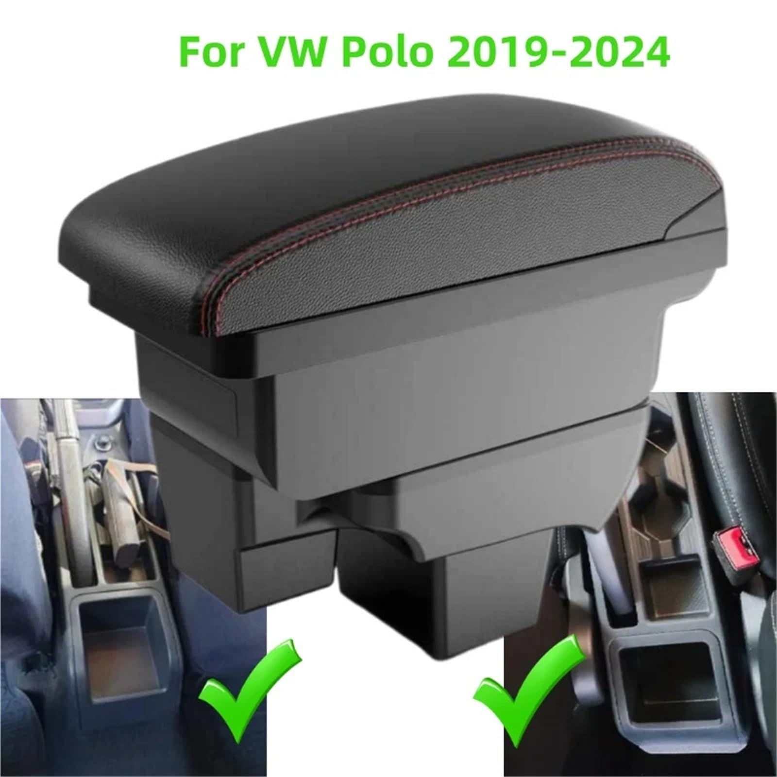 Ochrona Podłokietnika Pokrowiec Pasuje do VW Volkswagen Polo 2019-2024 Podwójna warstwa Duża przestrzeń Centralna Skrzynka Sklepowa USB 2020 2021 2022 2023