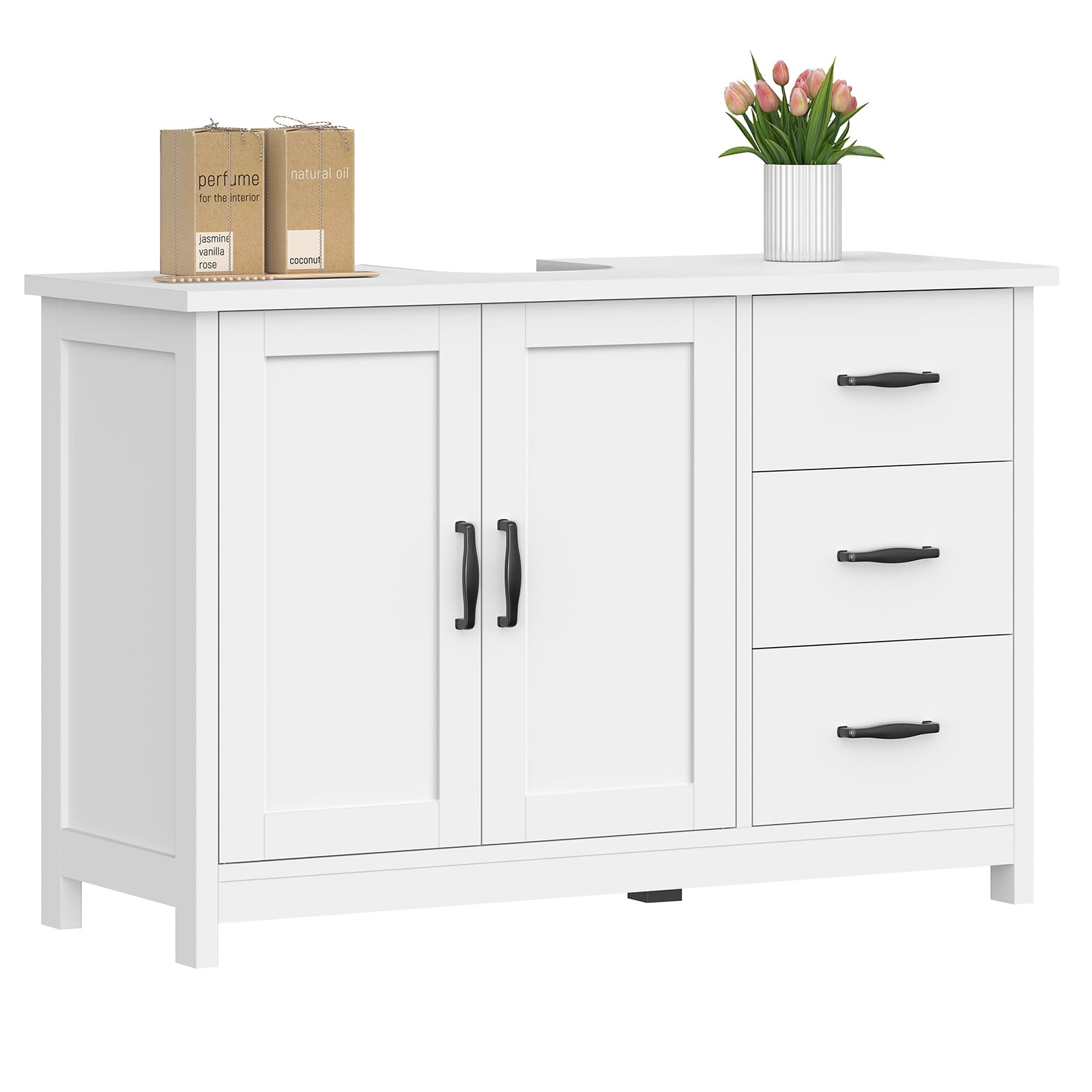 TEENFON Pedestal Sink Storage Cabinet with 2 Doors &amp; 3 Drawers, Bathroom Sink Cabinet, Under Sink Cabinet with U-Shape Cut-Out, White