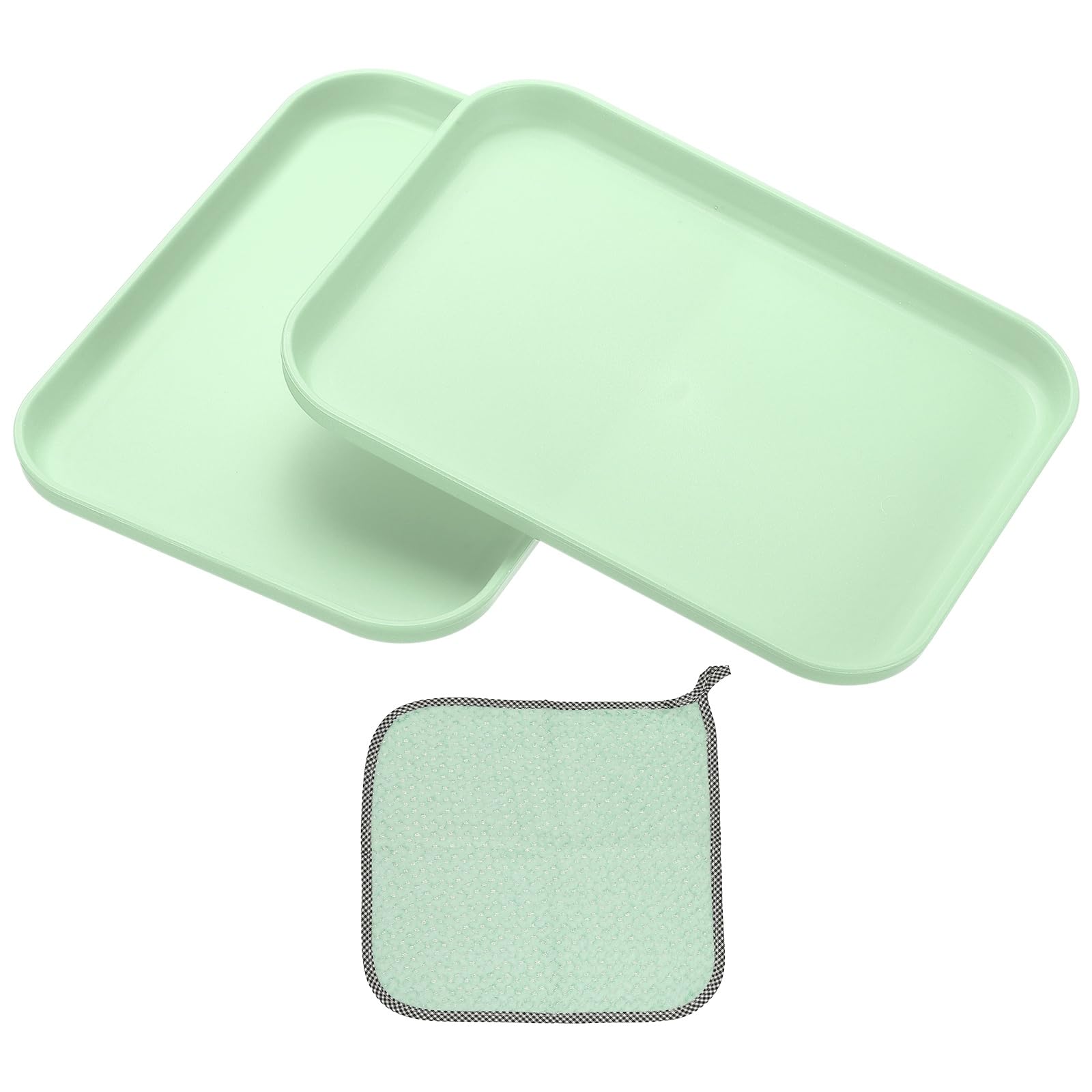 PATIKIL 7.9x5.9 Plastic Tray, 2 Pack Rectangular Plates Small Food Tray Wheat Plates Dishes Reusable Dessert Plate Trays with Cloth for Cake Fruits Salad Cupcake Steak Serving Green