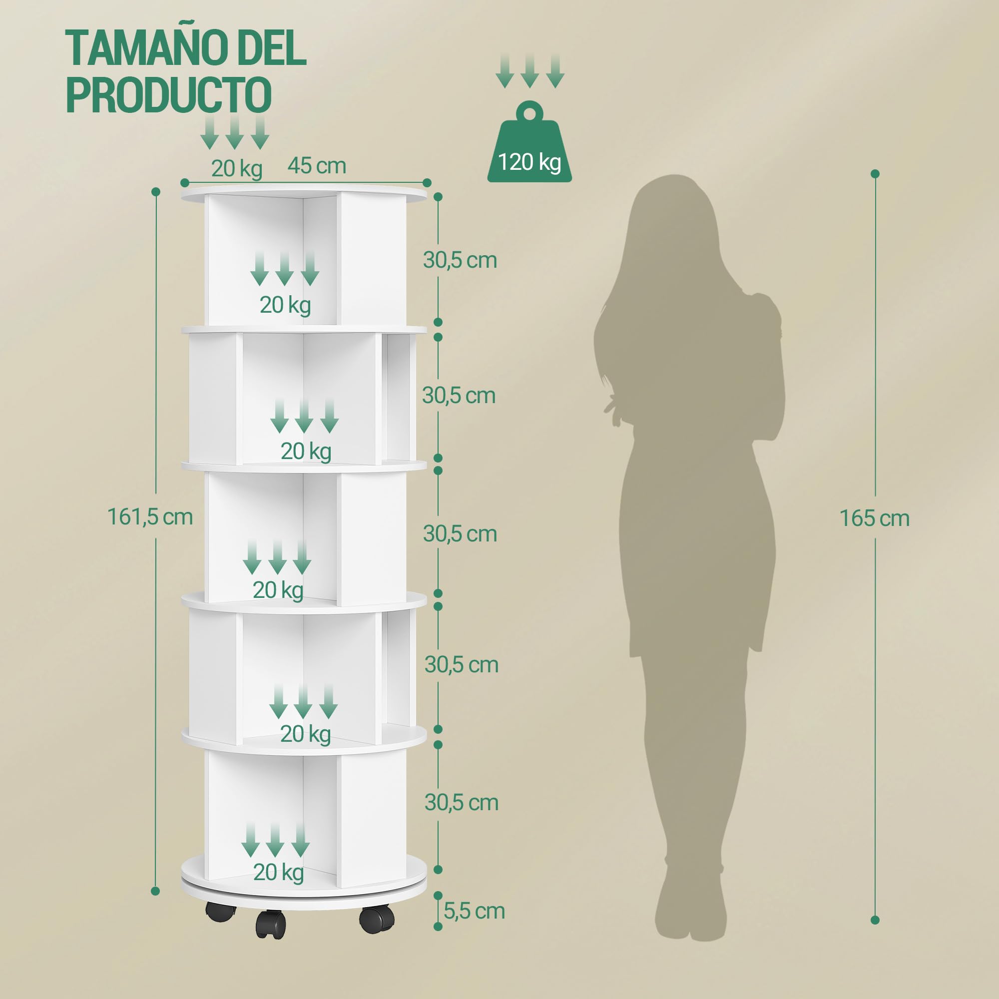 Hzuaneri Libreria Estantería Giratoria 360°, Librero Vertical de 5 Niveles, Estante para Libros con Ruedas Fijas, para Salón, Estudio y Oficina, 45 x 45 x 161,5 cm, Blanco BC54003X | Estantería de almacenamiento de 5 niveles, estantería moderna con ruedas