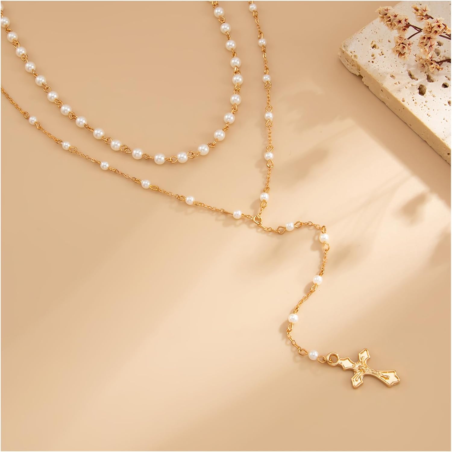 2Pcs/set Pearl Choker Necklace for Women Simple Statement Cross Pendant Clavicle Chain Necklace Jewelry Wedding Bridal Long Pearl Tassel Body Chain Jewelry - Image 5