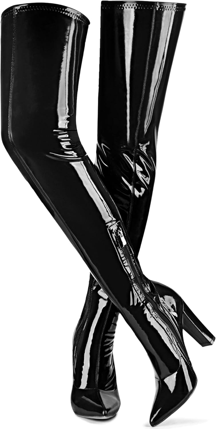 Women Thigh High Boots Chunky Heel Over The Knee Boots Patent Leather PU Stretchy Tall Boots Sexy Pointed Toe Fashion GOGO Boots Prom Party Knee High Boots 12 Black