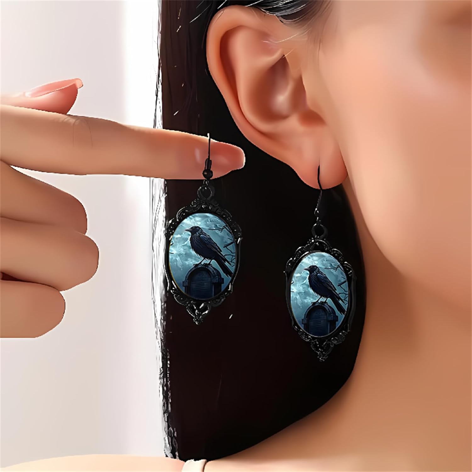 Gothic Halloween Earring Necklace Set for Women,Vintage Crow Bat Vampire Glass Pendent Necklace Punk Style Raven Witch Cameo Dangle Earrings Wicked Victorian Halloween Costume Accessories Jewelry - Image 2