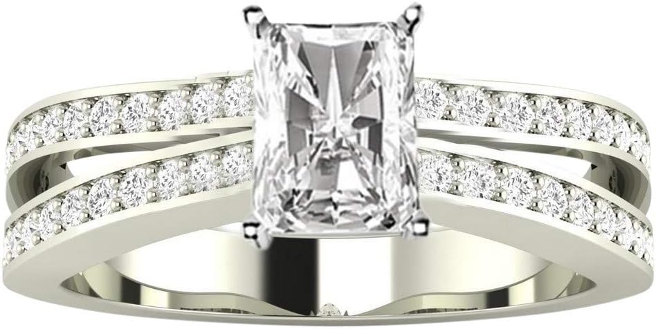 Houston Diamond District 1.5 Carat LAB GROWN DIAMOND Contemporary Double Row Split Shank Radiant Cut Diamond Engagement Ring (G-H Color VS1-VS2 Clarity 1 Ct Center)