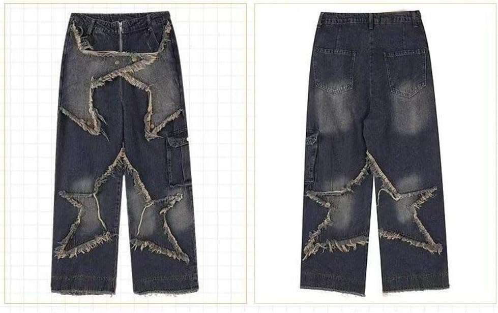 LAFOURAM Petite Jeans for Women 5 FT Short Wide Leg Baggy Goth Star Patchwork Cargo Denim Pants