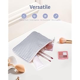 Narwey Small Striped Makeup Bag for Purse Travel Makeup Pouch Cosmetic Bag Zipper Pouch Bags for Women (Greyish Blue Stripe)