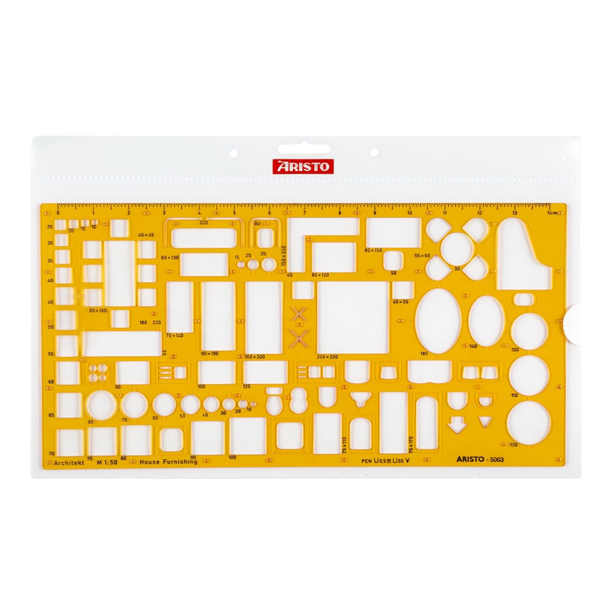 Aristo AR5063 Stencil per mobili da architetto (1:50, esposizione di piani di arredamento, gommini di inchiostro, plastica PET dimensionalmente stabile), arancione/trasparente