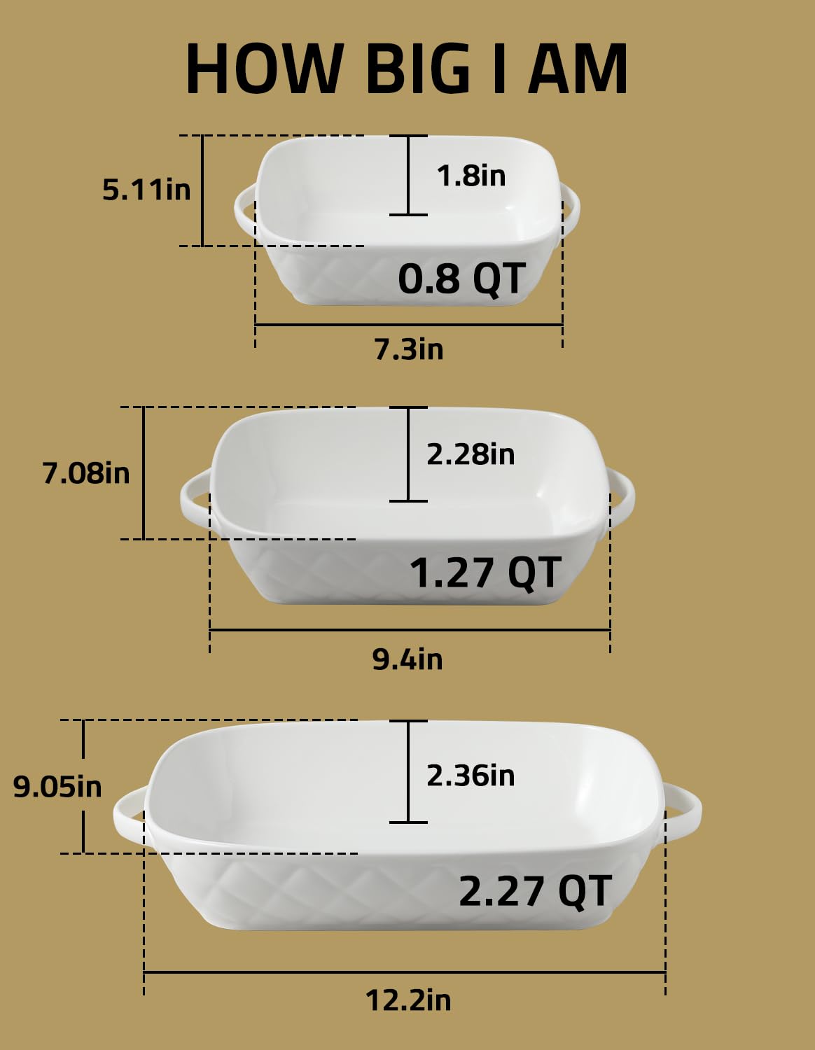 Sweejar Cacerola de cerámica para horno, con asas, rectangular, para lasaña, juego de 3 piezas para hornear, cazuela, cocina, color blanco (12.2 x 9.25 x 2.56 pulgadas)
