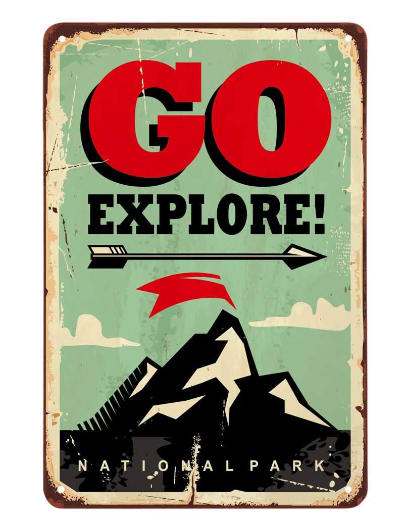AOYEGO Go Explore Tin Sign,National Park Camping Explore Adventure Life Vintage Metal Tin Signs for Cafes Bars Pubs Shop Wall Decorative Funny Retro Signs for Men Women 8x12 Inch