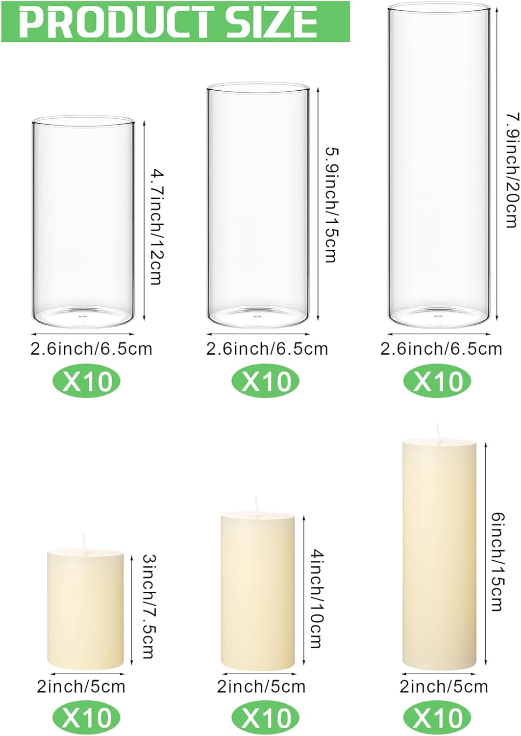Shihanee 60 Pcs Pillar Candles and Glass Cylinder Vases Clear Cylinder Holders for Slim Pillar Candles Table Decoration (Ivory White) - Image 2