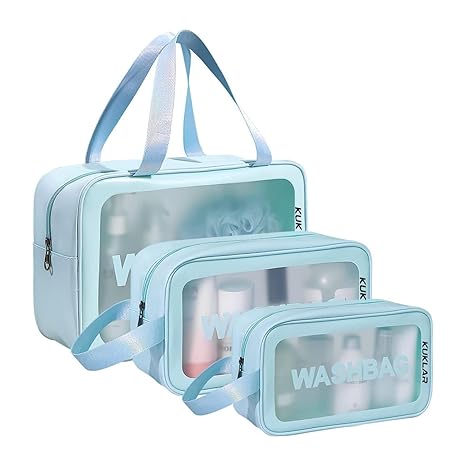 KUKLAR Wash Bag Pouch for Travel Kit Toiletry Bag Cosmetic Bag Make Up Box for Brushes Accessories with Handle Large Capacity Translucent Waterproof Travel Storage Organizer Set of 3 (Sky Blue)