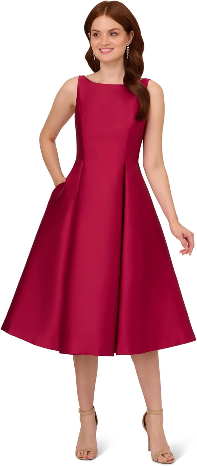 Adrianna Papell Women's Sleeveless Tea Length Dress, Red Plum, 4