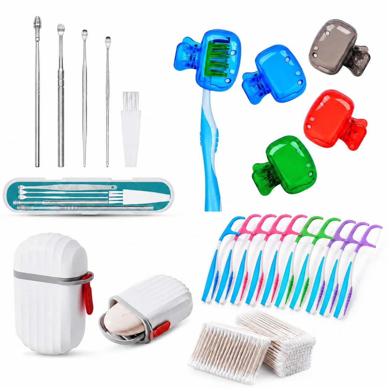 5 in 1 Travel Hygiene Combo | 4 Toothbrush Caps, 1 Soap Case, 6pc Ear Pick Cleaner Set, 100 Earbuds Box, 20pc Toothpick Cleaner | Portable Personal Care Kit for Men & Women-image-26