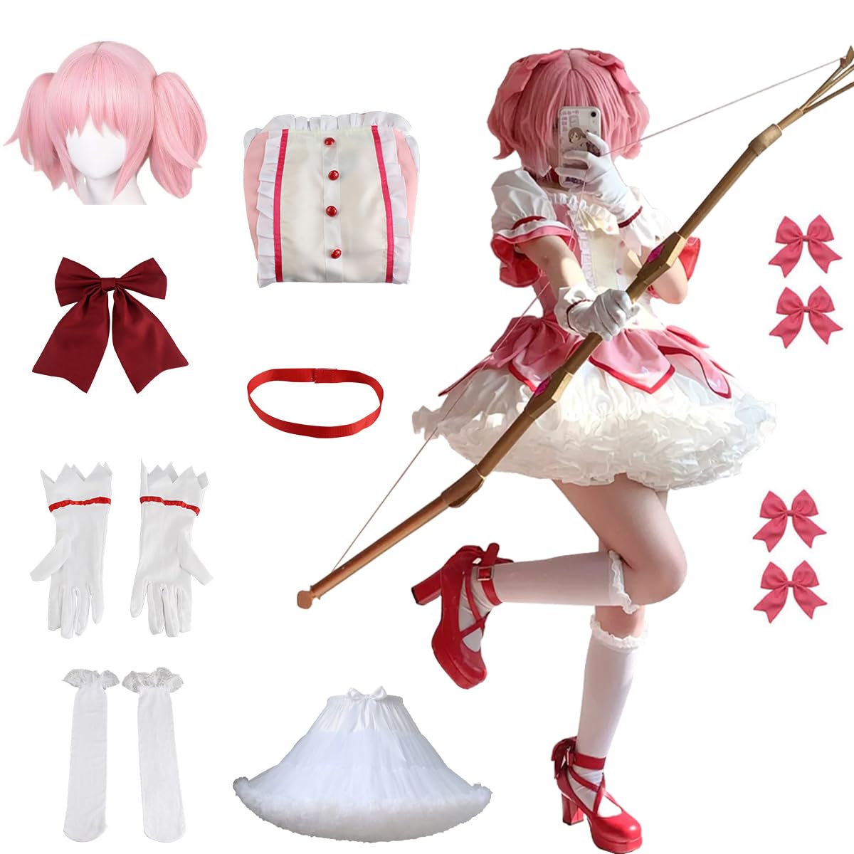 Madoka Magica Cosplay Costume with Bustle Anime Halloween Cosplay Costume Set: Clothing+bustle+wig Medium