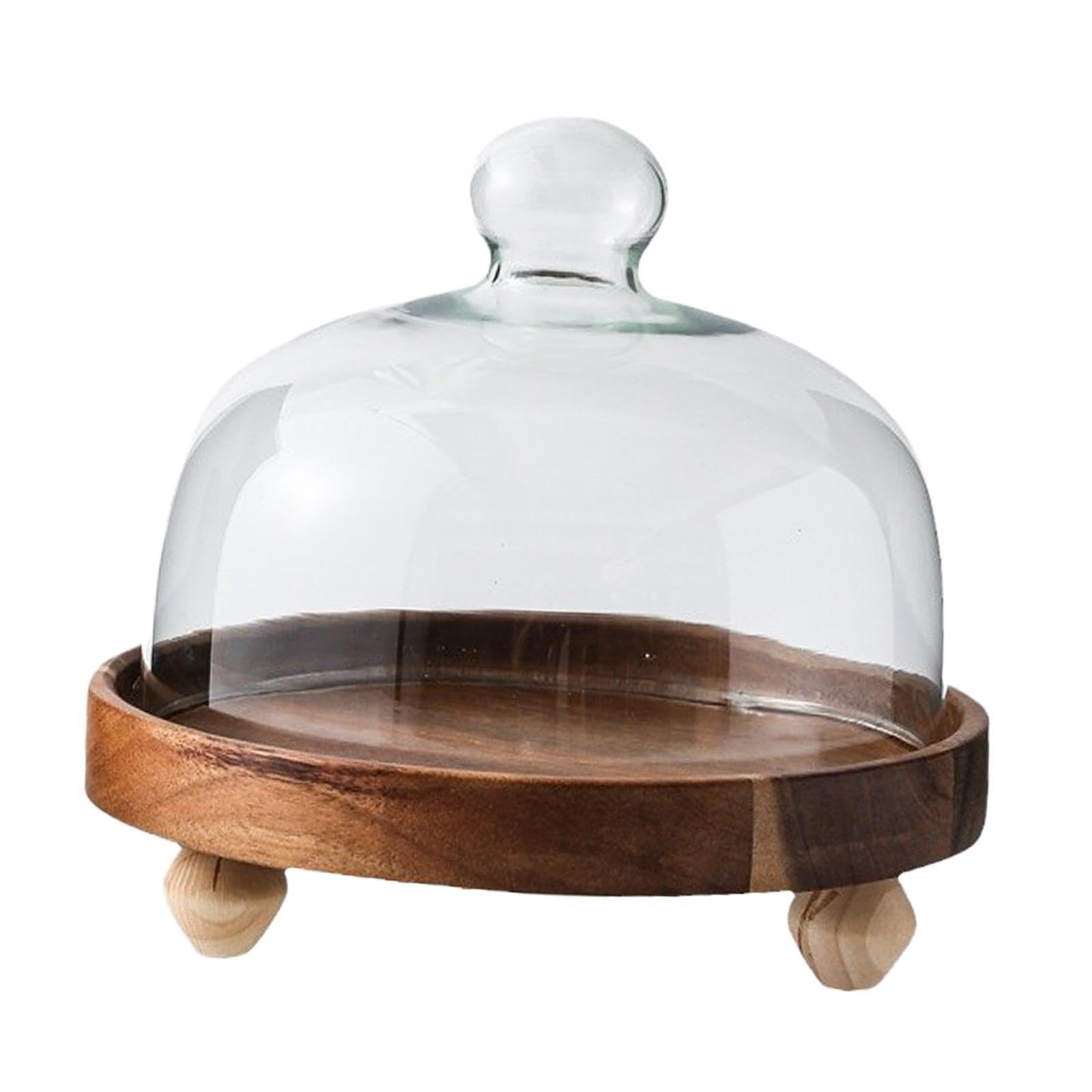Alzata per Dolci Porta Torta con Campana Piatto Legno E Vetro Vassoio Espositore per Dessert con Coperchio Base Stabile Tre Piedi Adatta a Sala, L