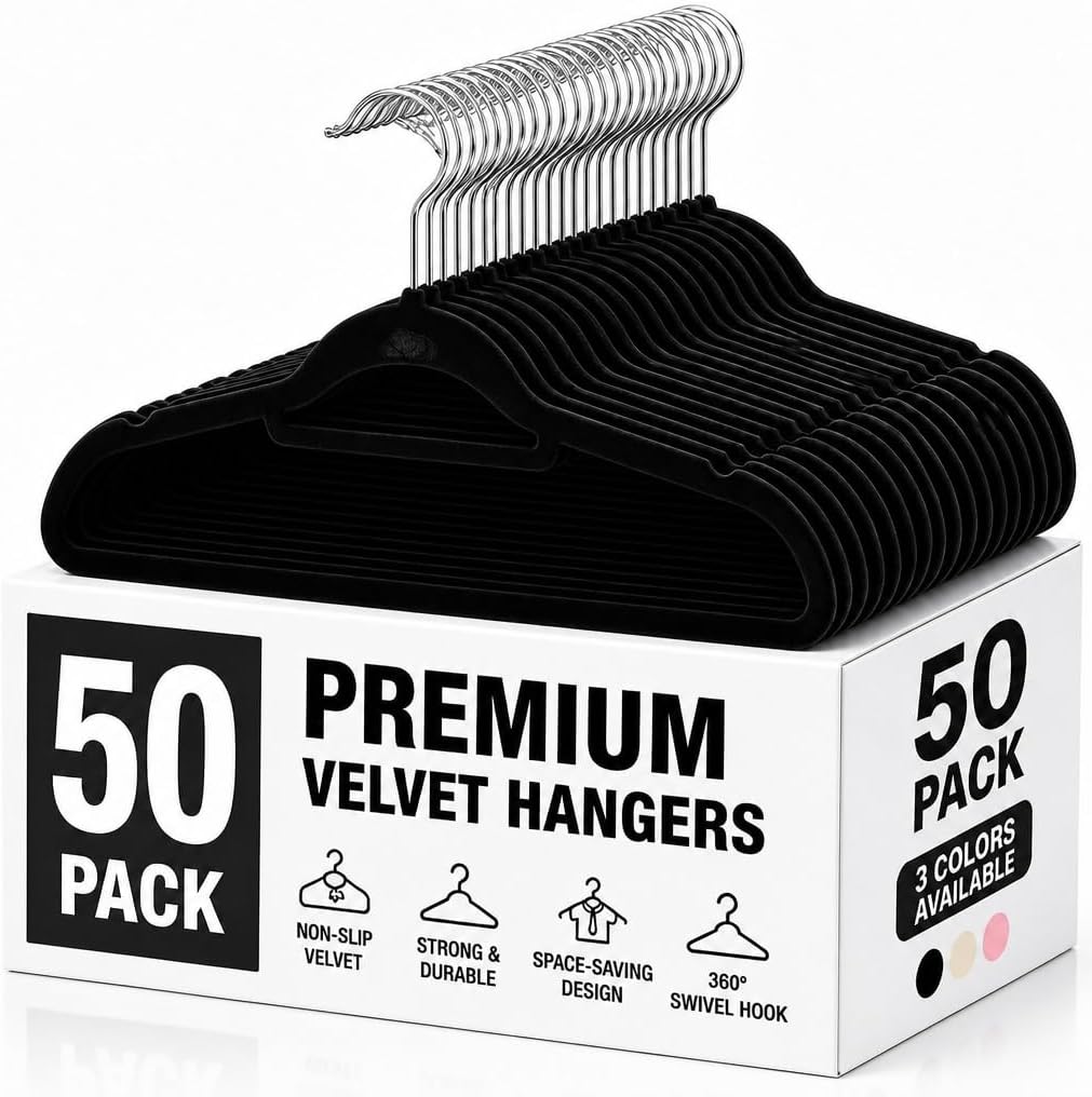 50Pack Clothes Hangers, Black Velvet Hanger with 360° Hook