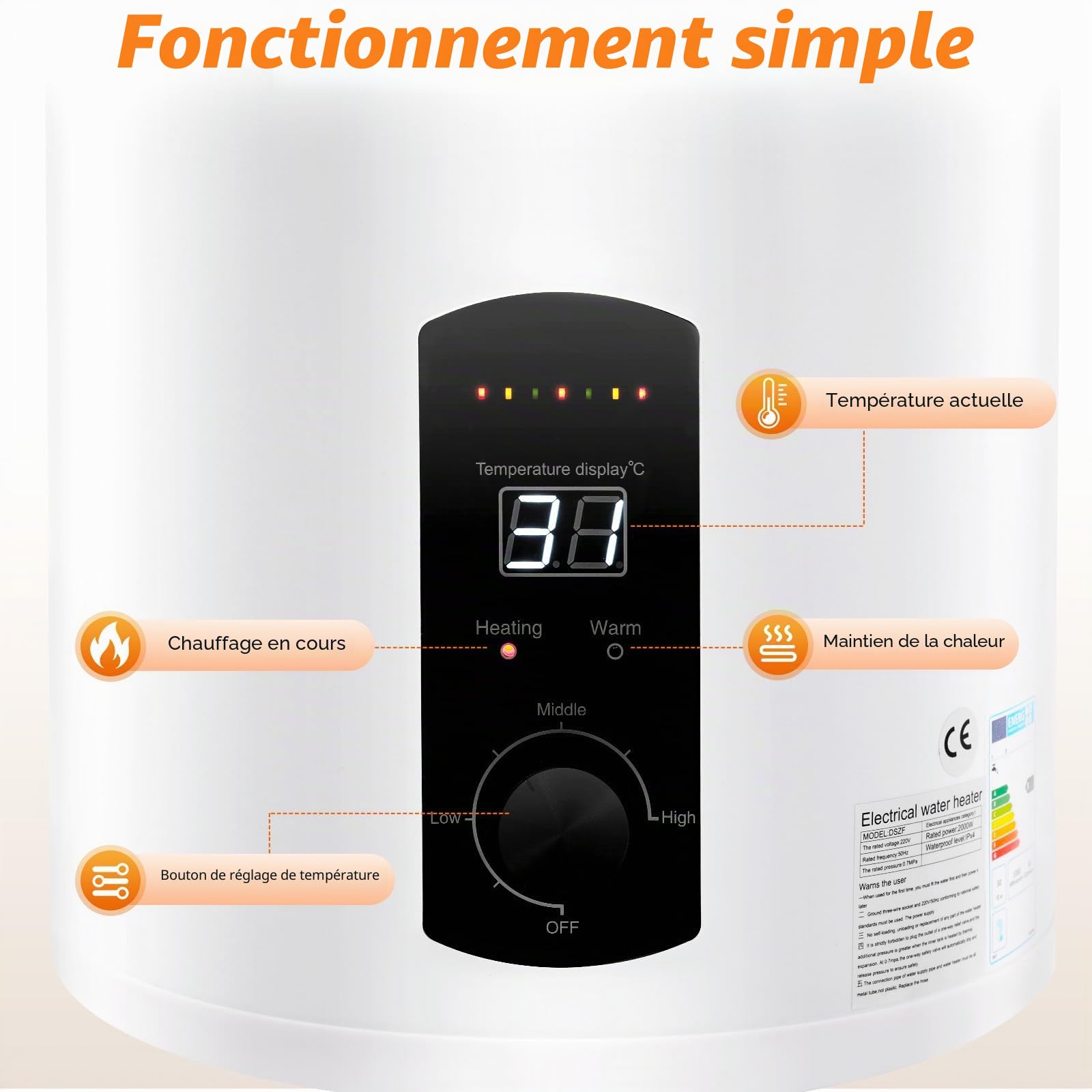 Chauffe-eau 100 l - Chauffe-eau 2 kW - IPX4 - LED vertical - Chauffe-eau mural en ABS - Pour cuisines, toilettes, salons de coiffure, salles de bains, caravanes